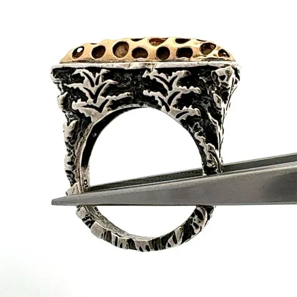 Designer Dian Malouf 925 Sterling Silver 14K Ylw Gold Brutalist Stackable Ring